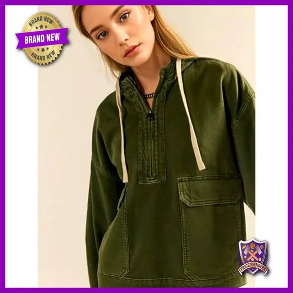 Oversized Denim Hooded Pullover Jacket Half Zip Cargo Pockets Casual Chic